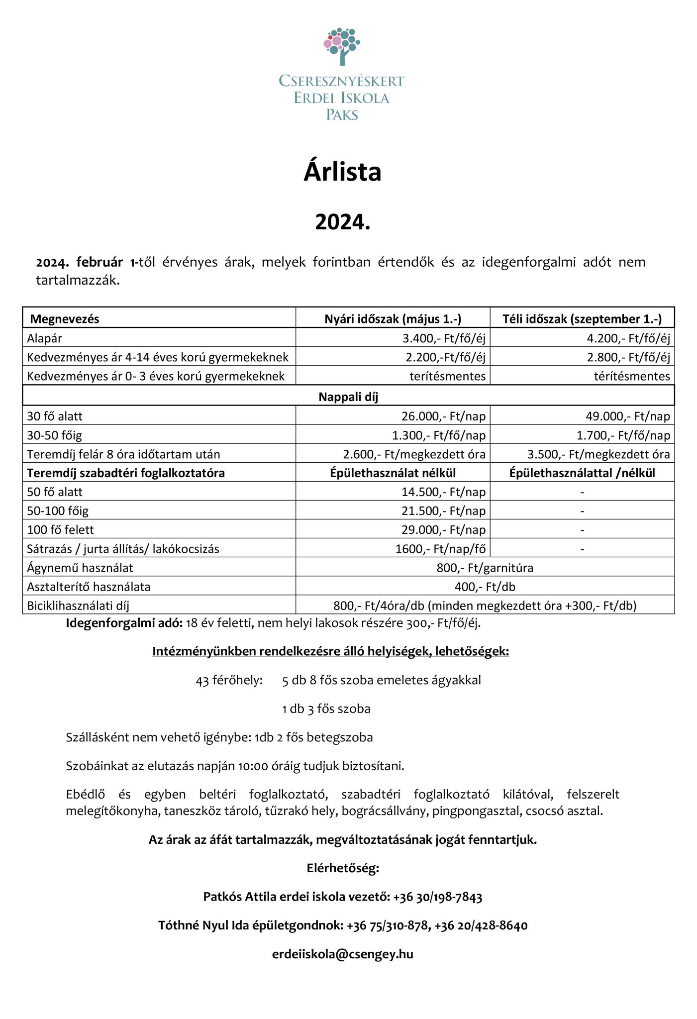 Cseresznyéskert Erdei Iskola - Árlista 2024