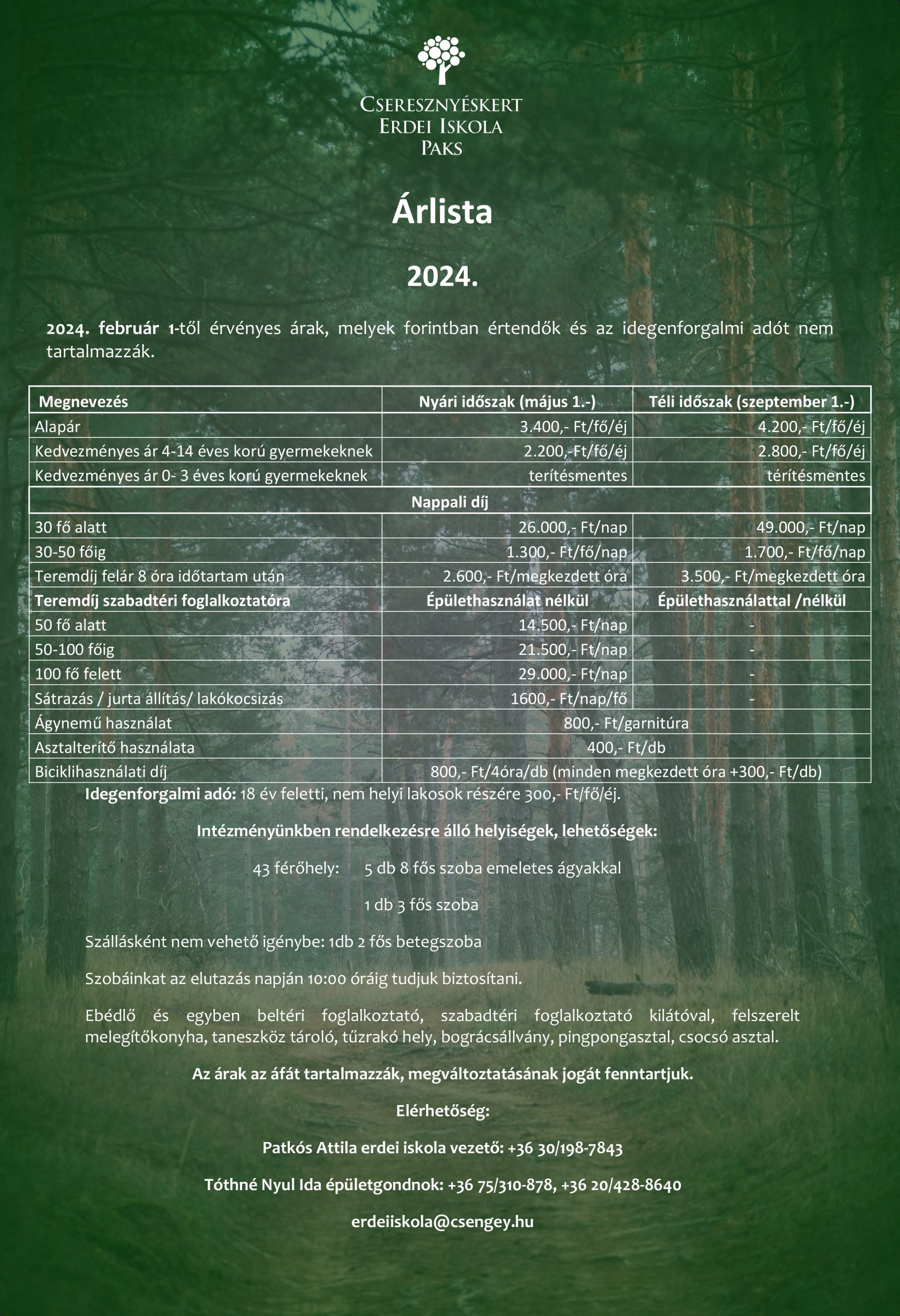 Cseresznyéskert Erdei Iskola - Árlista 2024