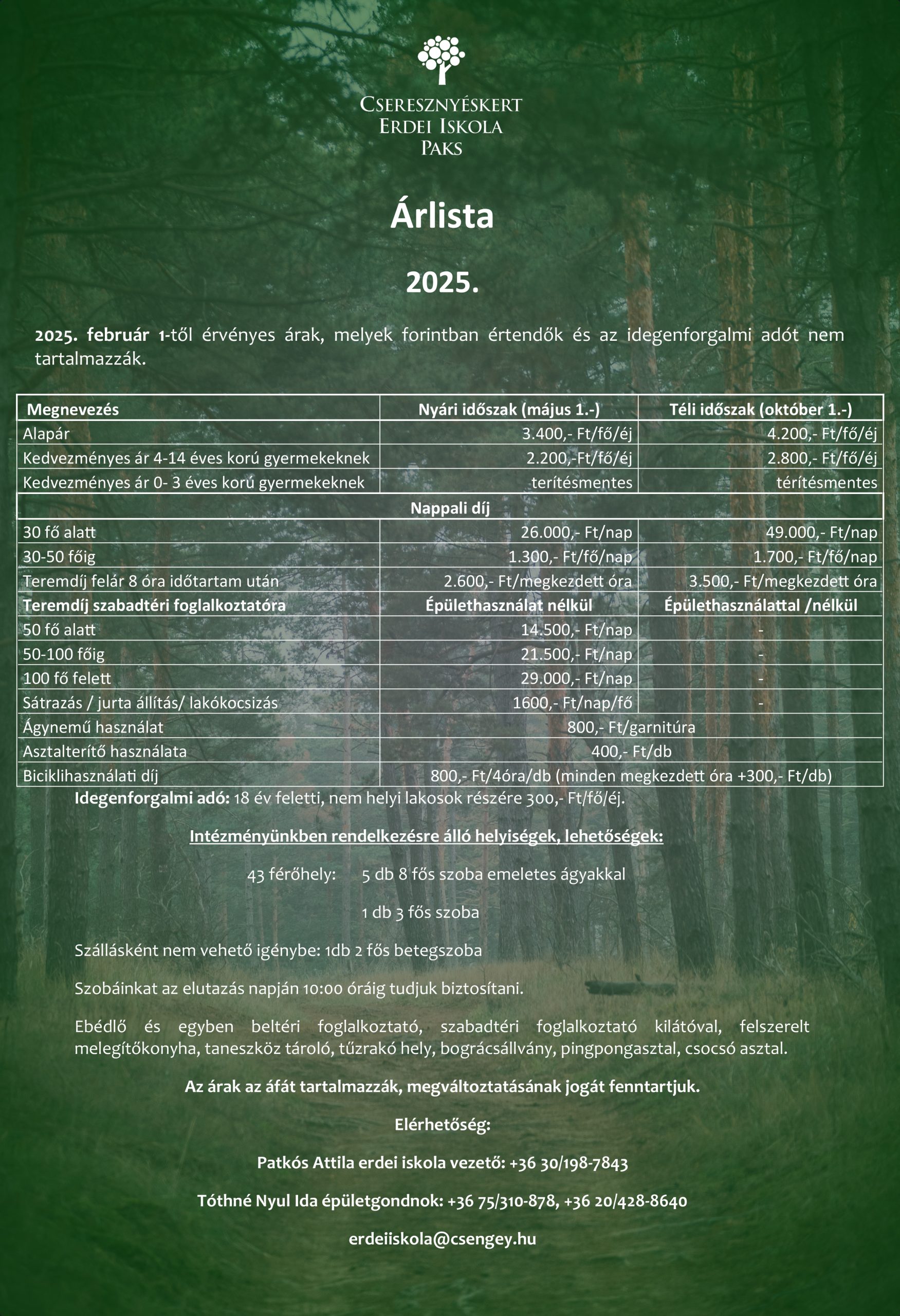 Cseresznyéskert Erdei Iskola - Árlista 2024